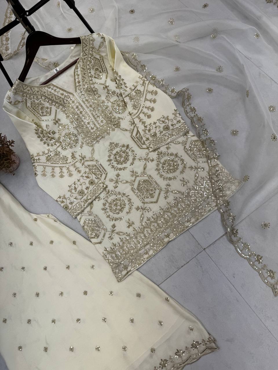 "Elegance Redefined: Chinon Top, Plazo & Organza Dupatta Set"