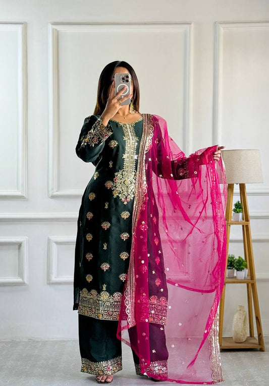 "Luxurious Vichitra Silk Embroidered Top, Plazzo & Dupatta Set"