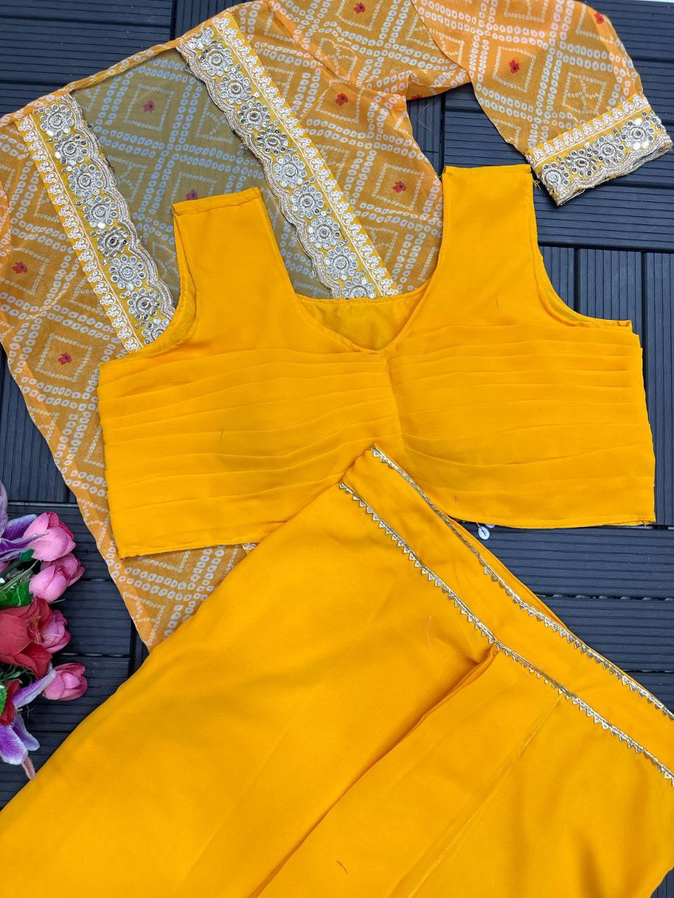 "Elegant Heavy Georgette Dhoti Style Sarara with Blouse & Koti – Perfect Fusion of Traditional & Modern!"