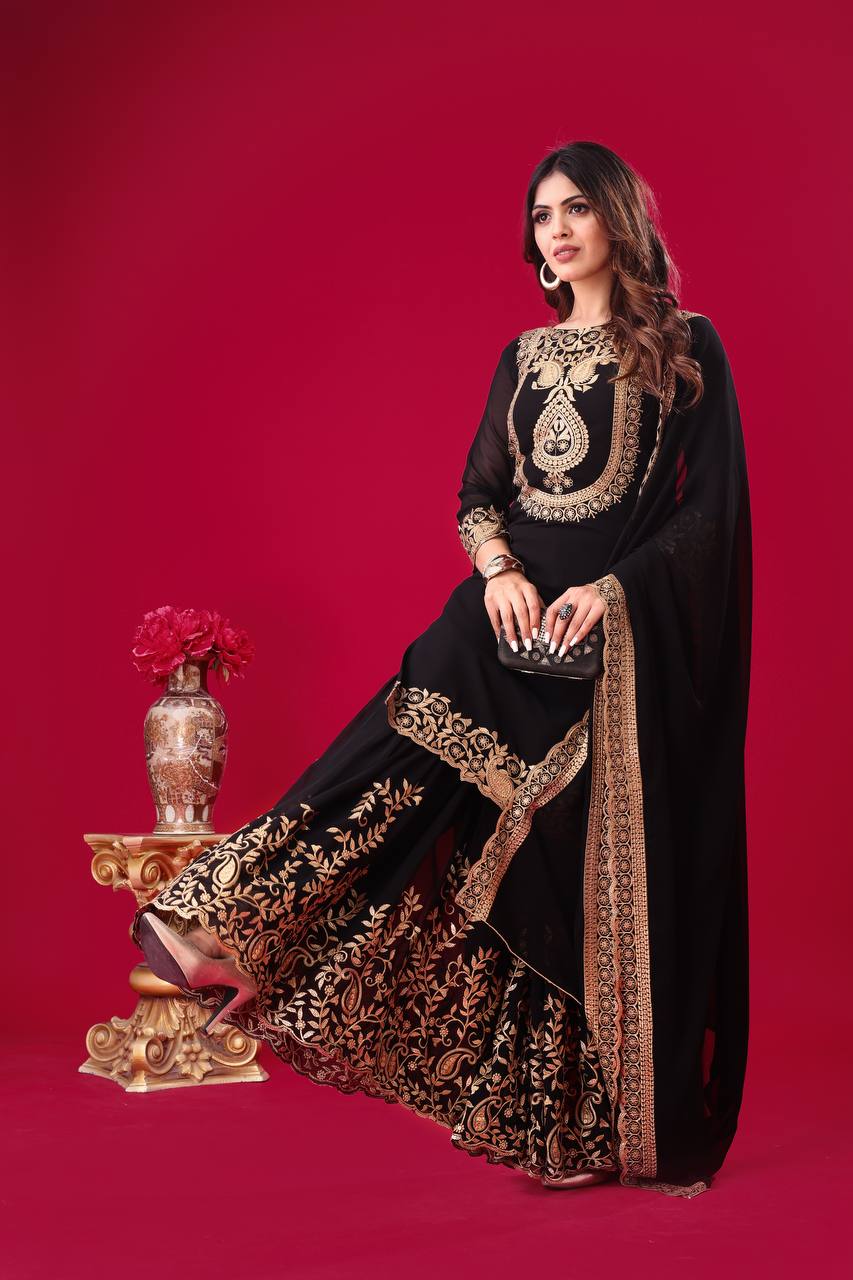 "Elegant Faux Georgette Embroidered Outfit with Plazzo and Dupatta"