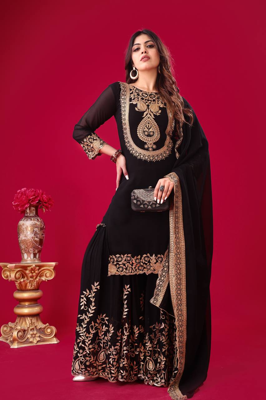 "Elegant Faux Georgette Embroidered Outfit with Plazzo and Dupatta"
