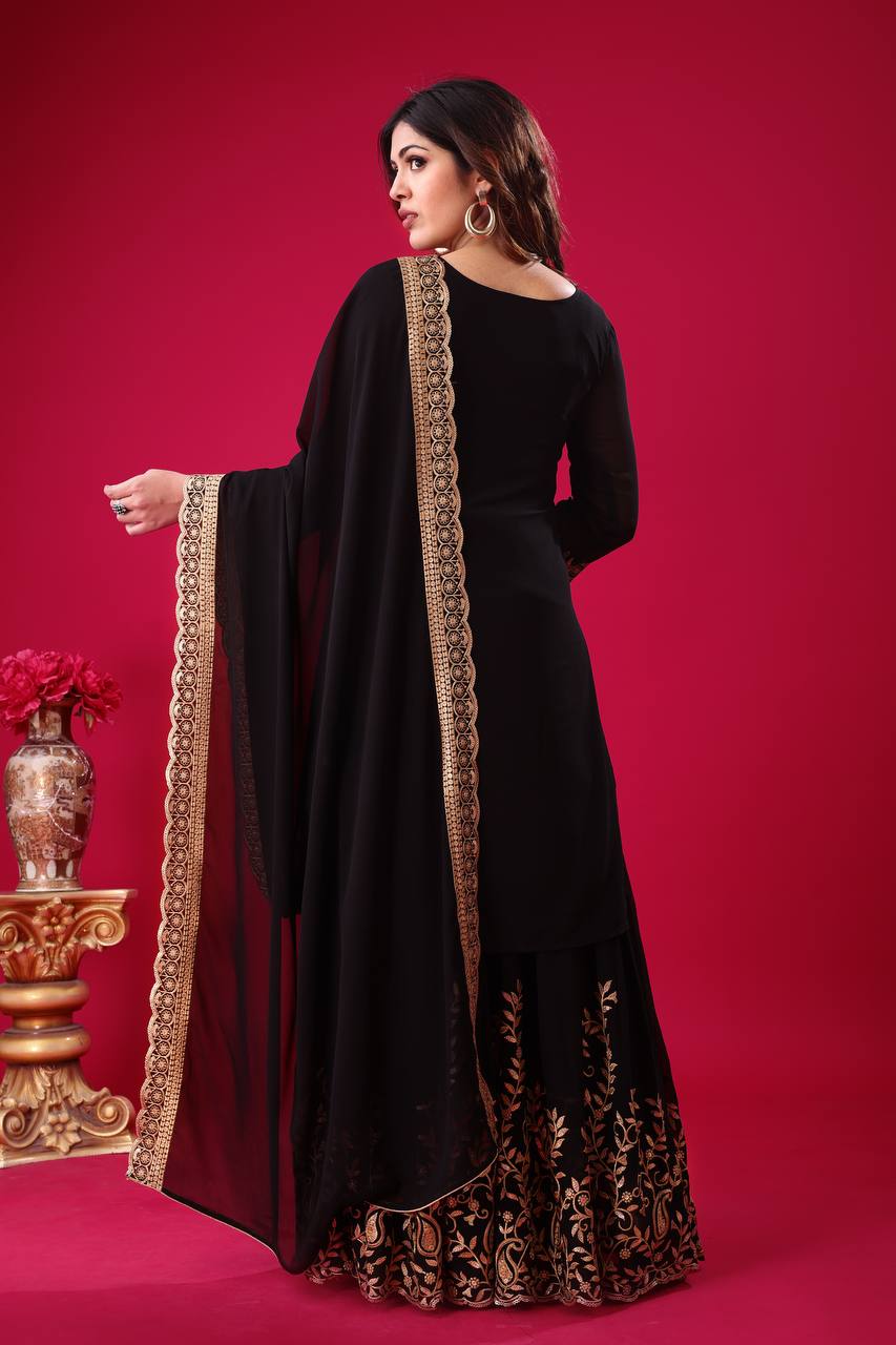 "Elegant Faux Georgette Embroidered Outfit with Plazzo and Dupatta"