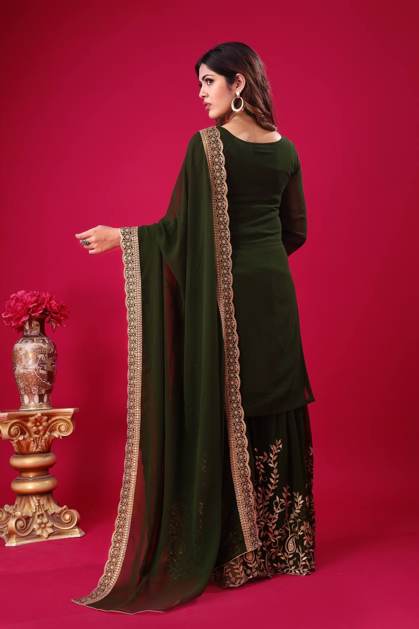 "Elegant Faux Georgette Embroidered Outfit with Plazzo and Dupatta"
