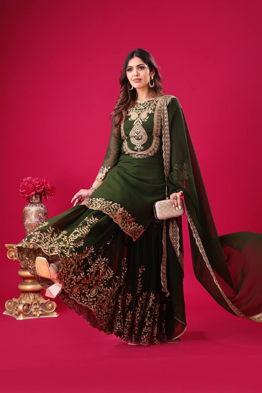 "Elegant Faux Georgette Embroidered Outfit with Plazzo and Dupatta"