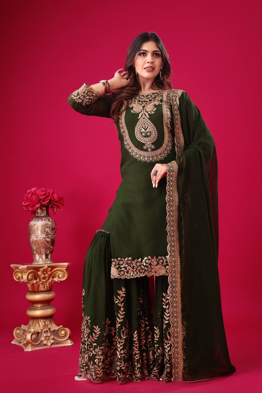 "Elegant Faux Georgette Embroidered Outfit with Plazzo and Dupatta"