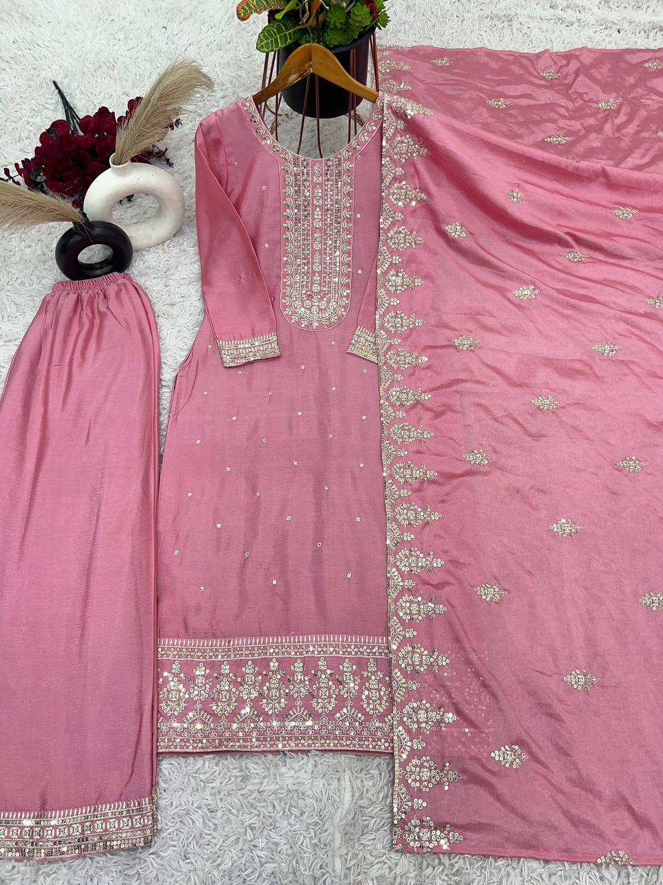 Elegant Chinnon Silk Embroidered Top & Pant Set with Dupatta