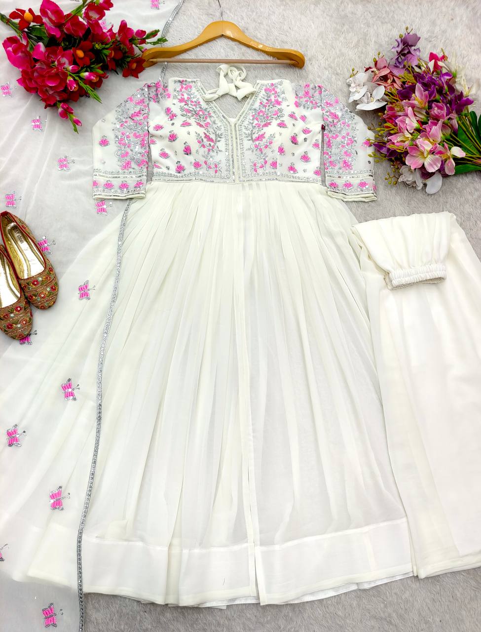 "Elegant GWON Set: Pure Fox Georgette with Heavy Embroidery and Full Stitch Details"