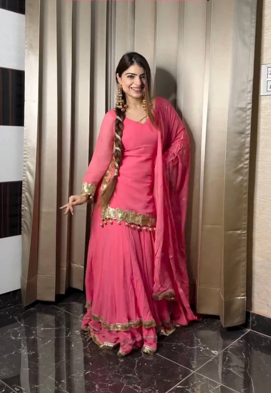 "Elegant Heavy Chinnon Silk Embroidered Top & Sharara Set with Dupatta"