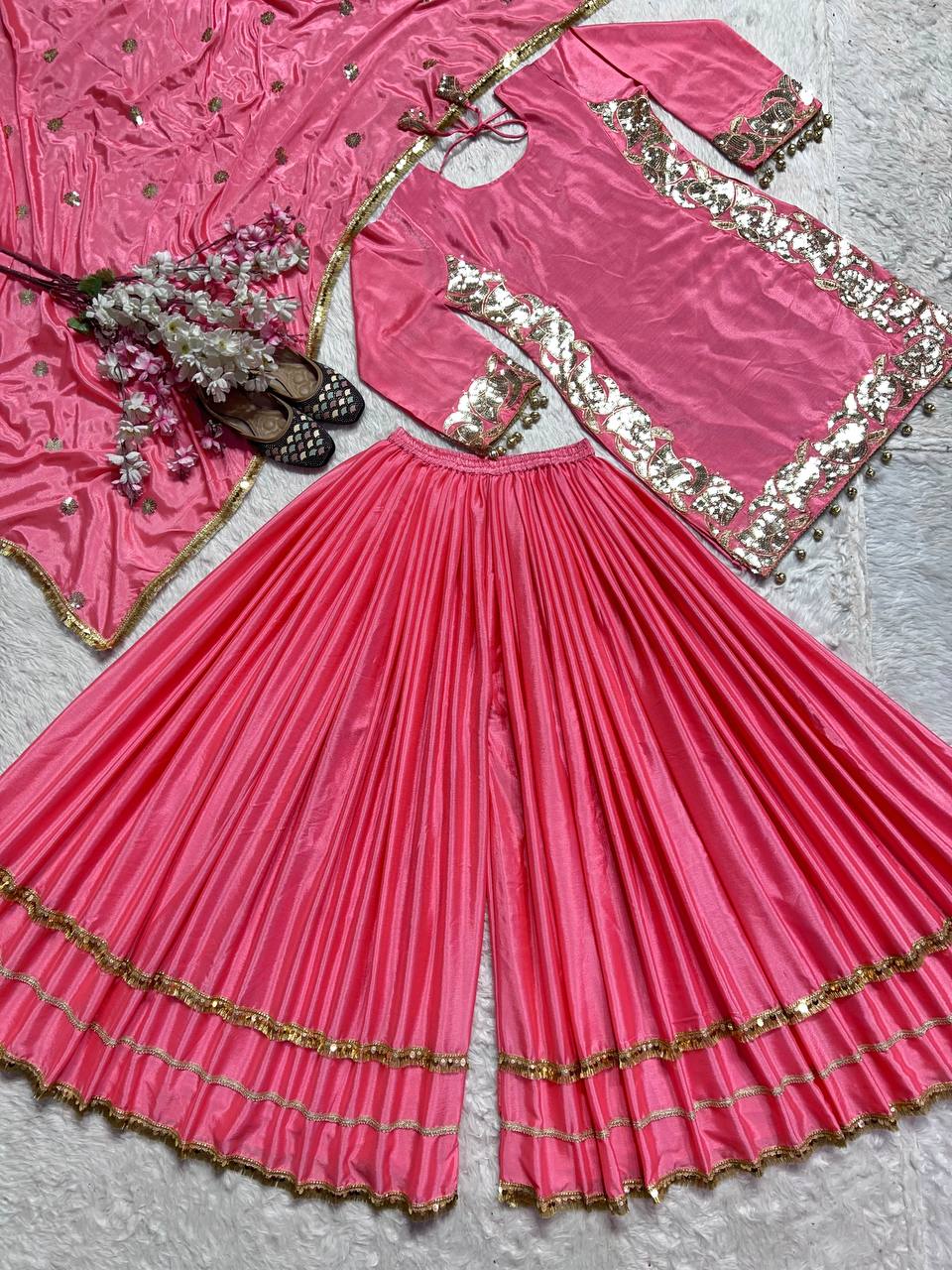 "Elegant Heavy Chinnon Silk Embroidered Top & Sharara Set with Dupatta"