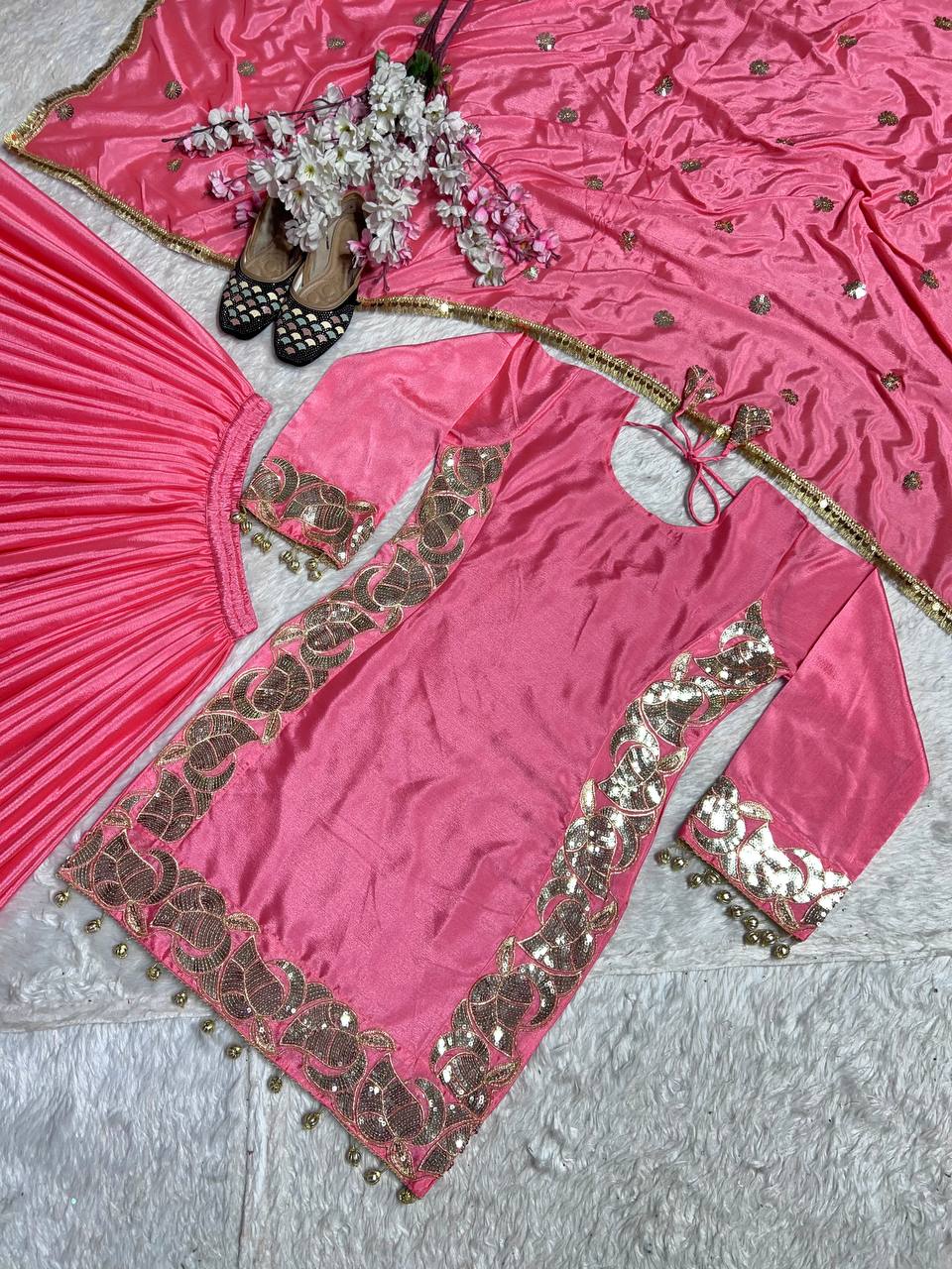 "Elegant Heavy Chinnon Silk Embroidered Top & Sharara Set with Dupatta"