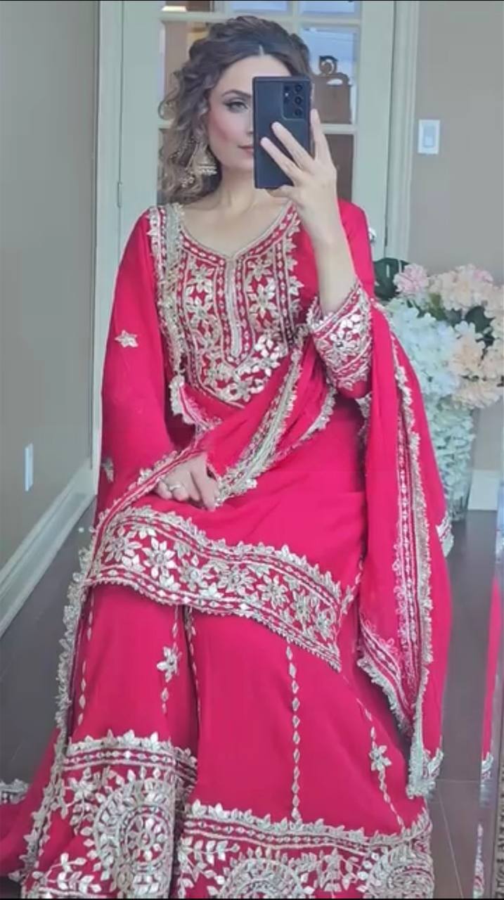 "Embroidered Elegance: Heavy Faux Georgette Top with Sharara Plazo & Matching Dupatta"