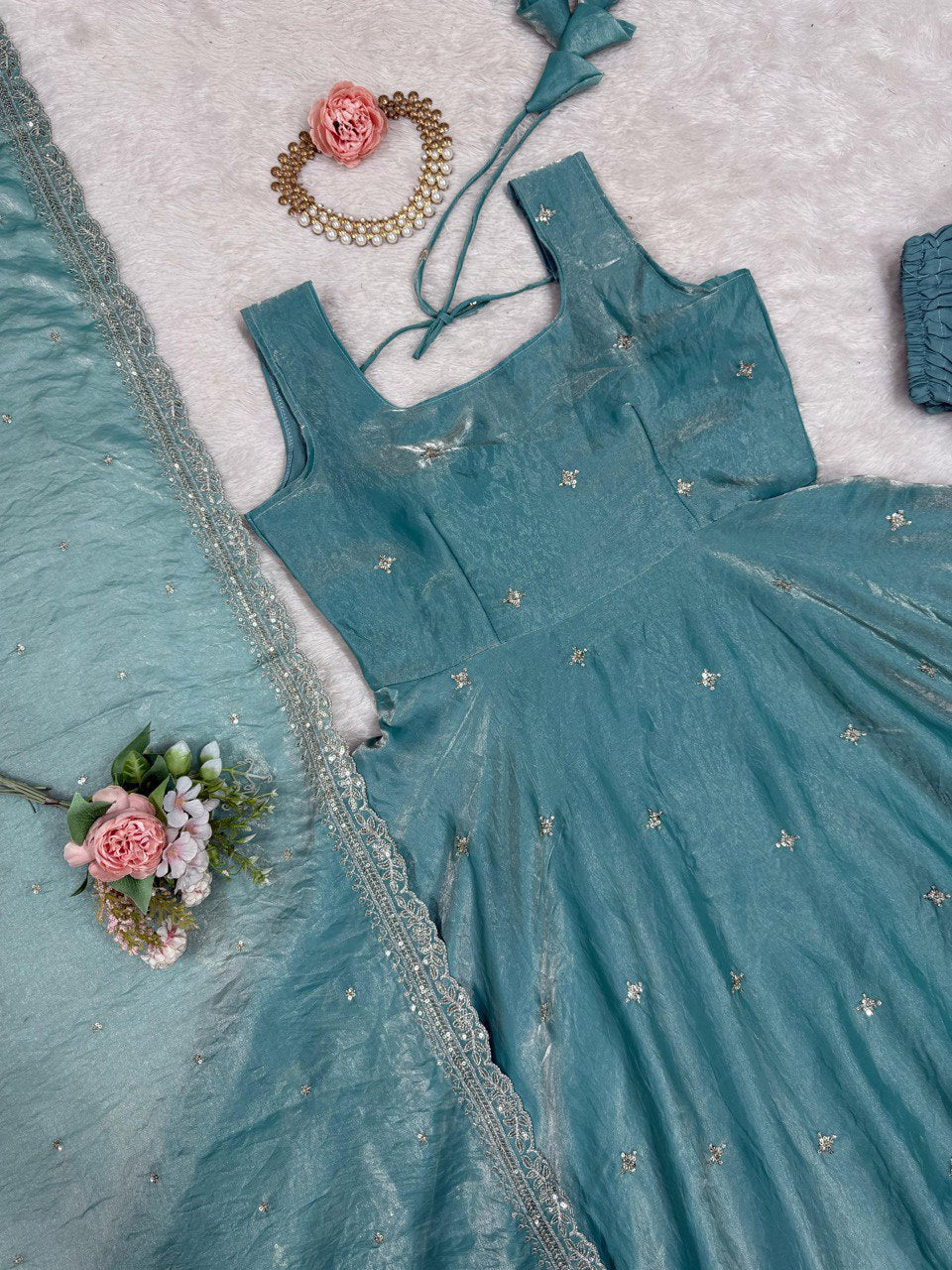 "Elegant Fandy Silk Ensemble with Thread & Sequence Work"