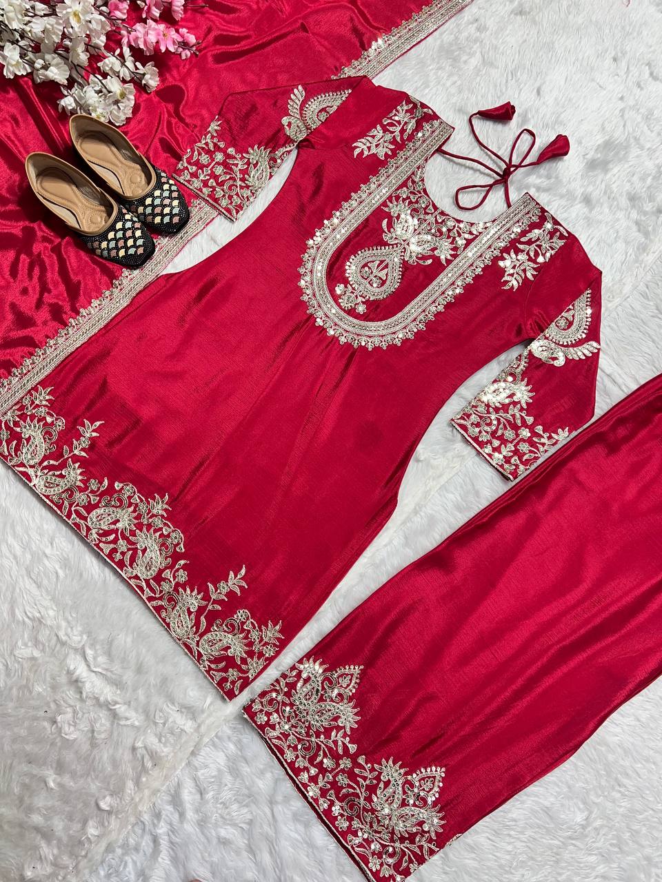 "Elegant Heavy Chinnon Silk Set with Intricate Embroidery & Coding Sequence Work"