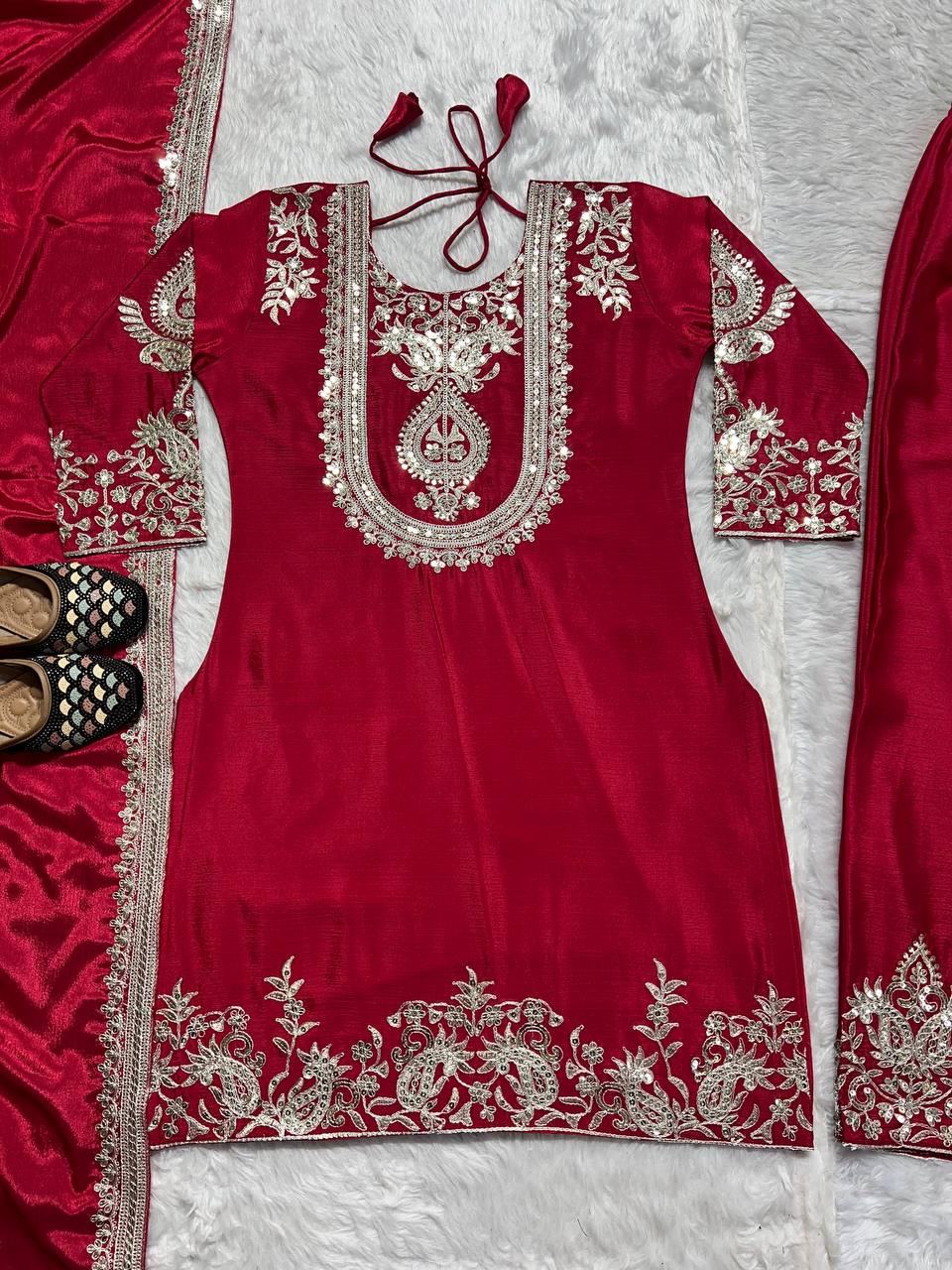 "Elegant Heavy Chinnon Silk Set with Intricate Embroidery & Coding Sequence Work"