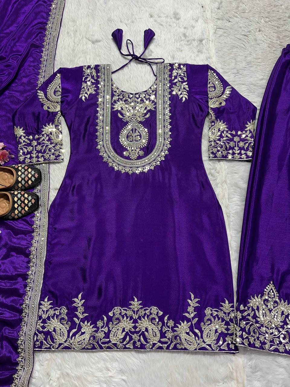"Elegant Heavy Chinnon Silk Set with Intricate Embroidery & Coding Sequence Work"