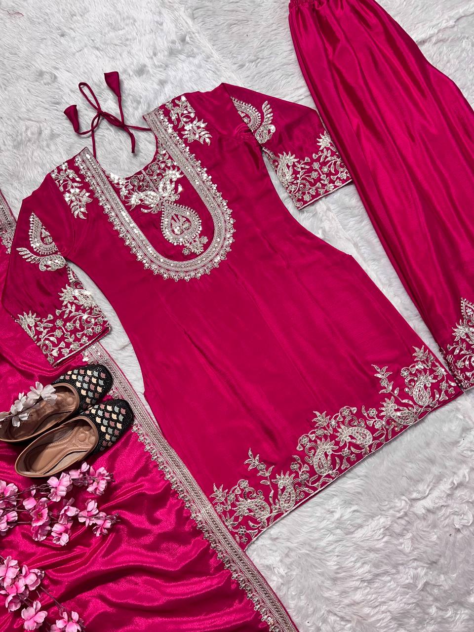 "Elegant Heavy Chinnon Silk Set with Intricate Embroidery & Coding Sequence Work"
