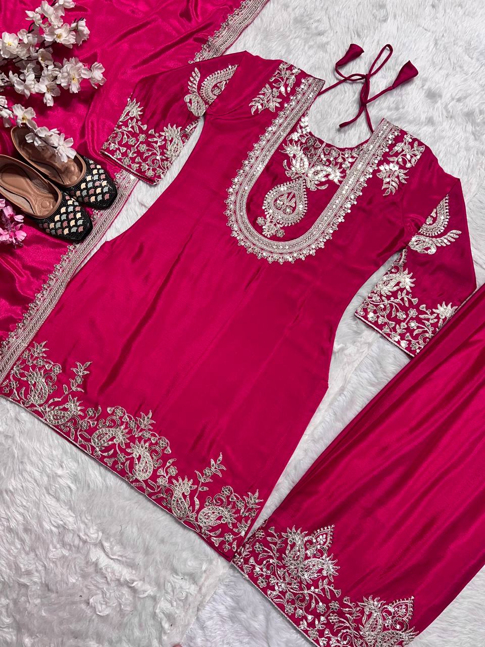 "Elegant Heavy Chinnon Silk Set with Intricate Embroidery & Coding Sequence Work"