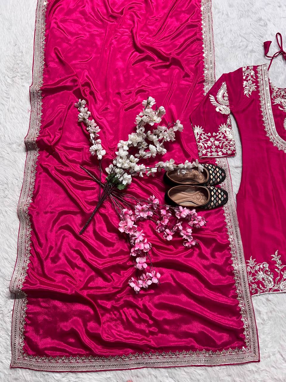 "Elegant Heavy Chinnon Silk Set with Intricate Embroidery & Coding Sequence Work"