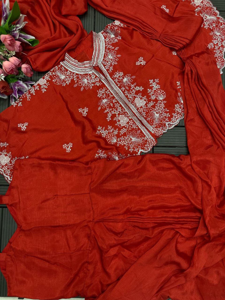 "Elegant Heavy Chinon Gown with Embroidered Shrug"