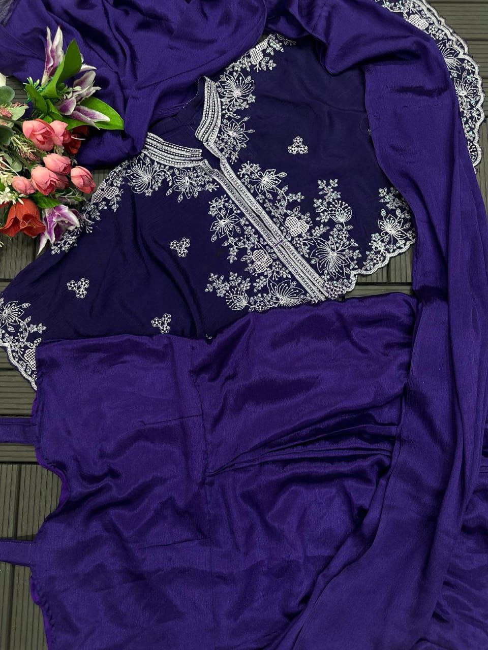 "Elegant Heavy Chinon Gown with Embroidered Shrug"