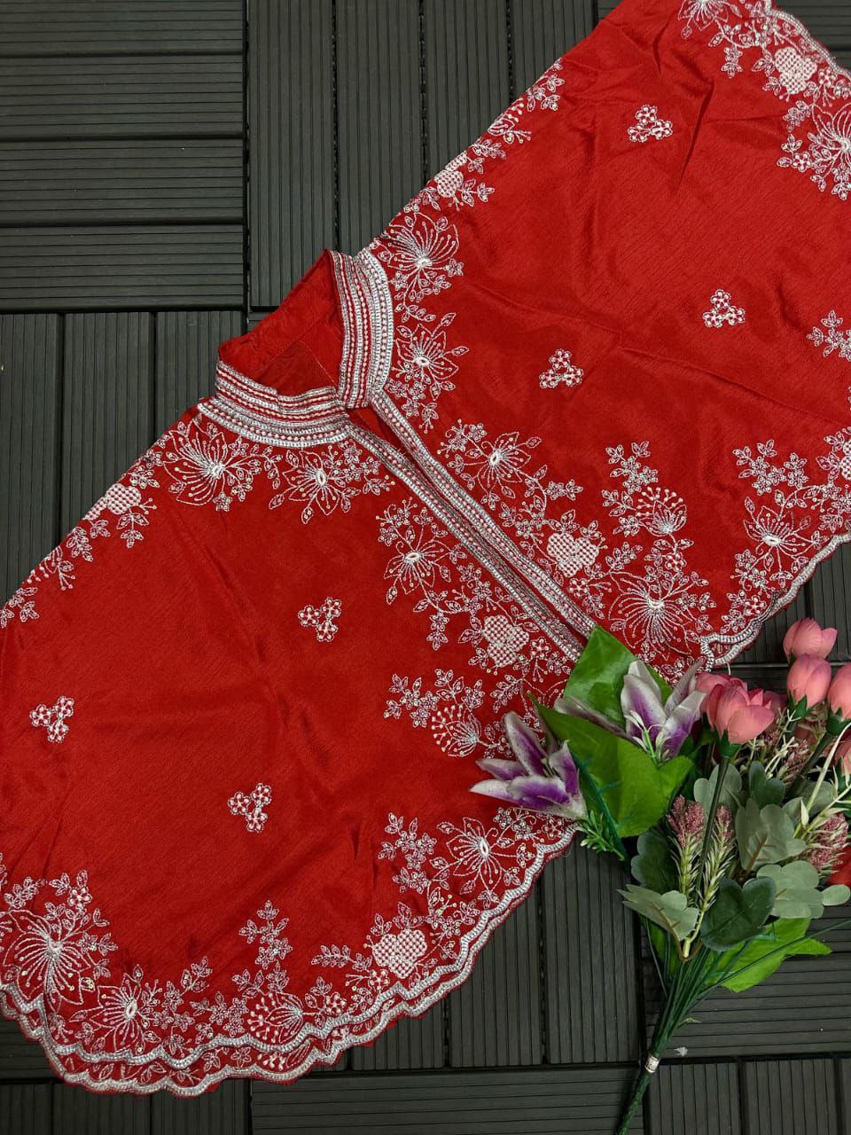 "Elegant Heavy Chinon Gown with Embroidered Shrug"