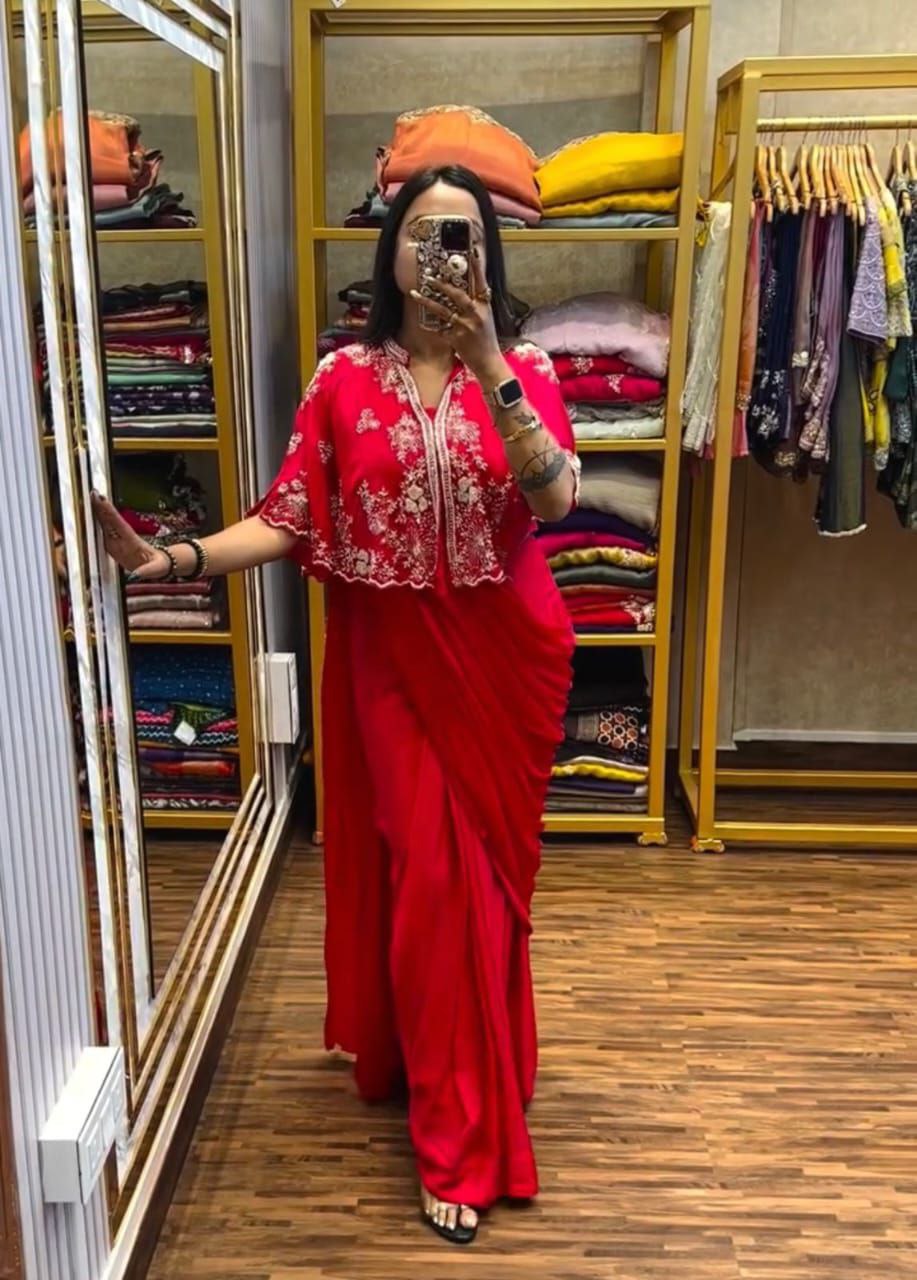 "Elegant Heavy Chinon Gown with Embroidered Shrug"