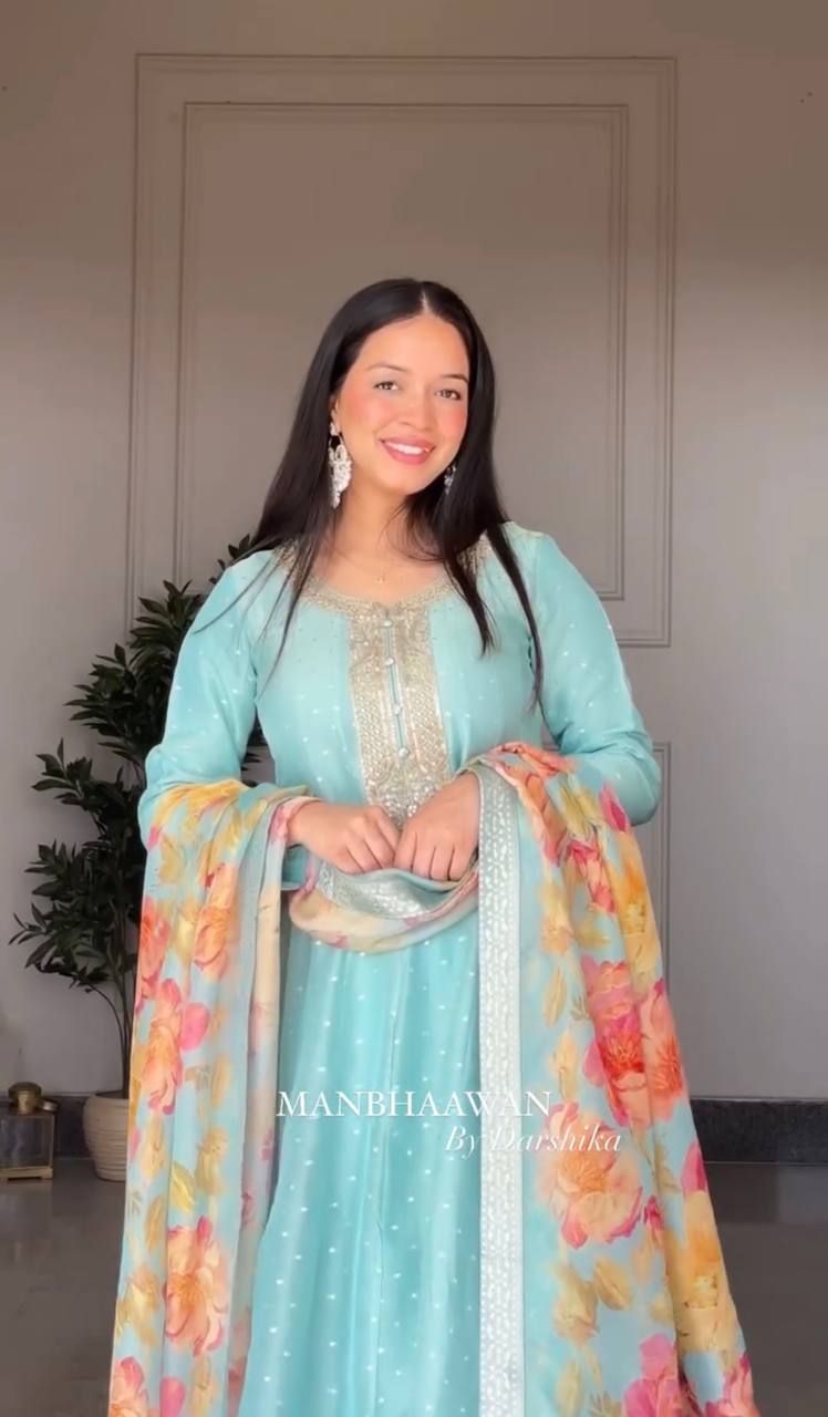 "Elegant Gwon-Pent Set with Digital Print Dupatta and Embroidery Work"