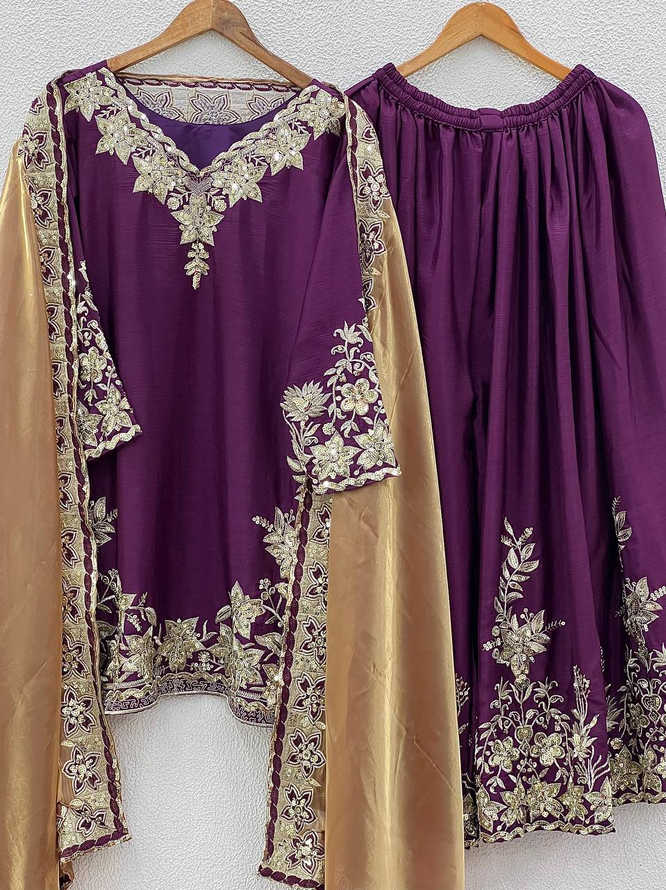 "Elegant Pure Chinnon Silk Ensemble with Heavy Embroidery Sequence Work"