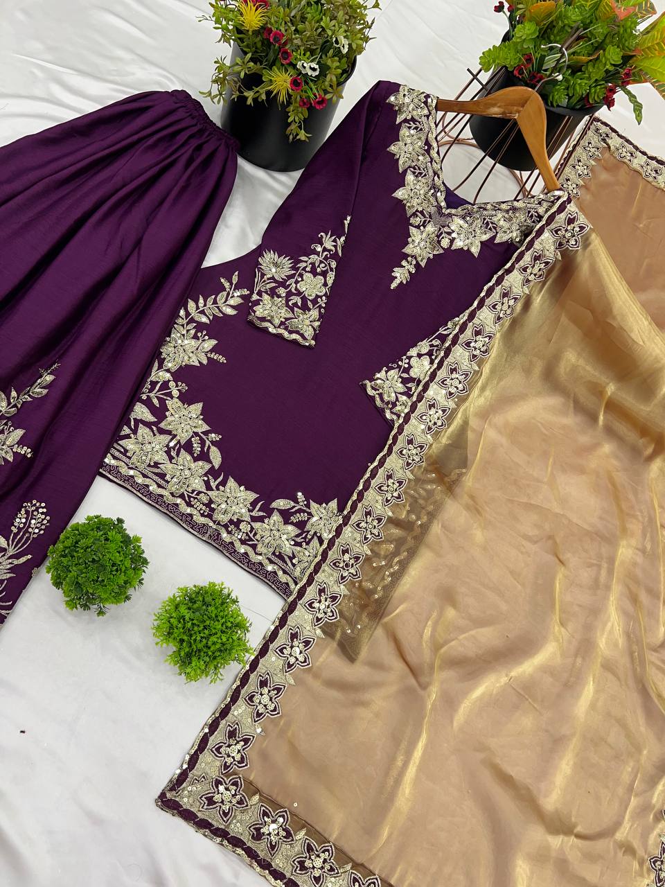 "Elegant Pure Chinnon Silk Ensemble with Heavy Embroidery Sequence Work"