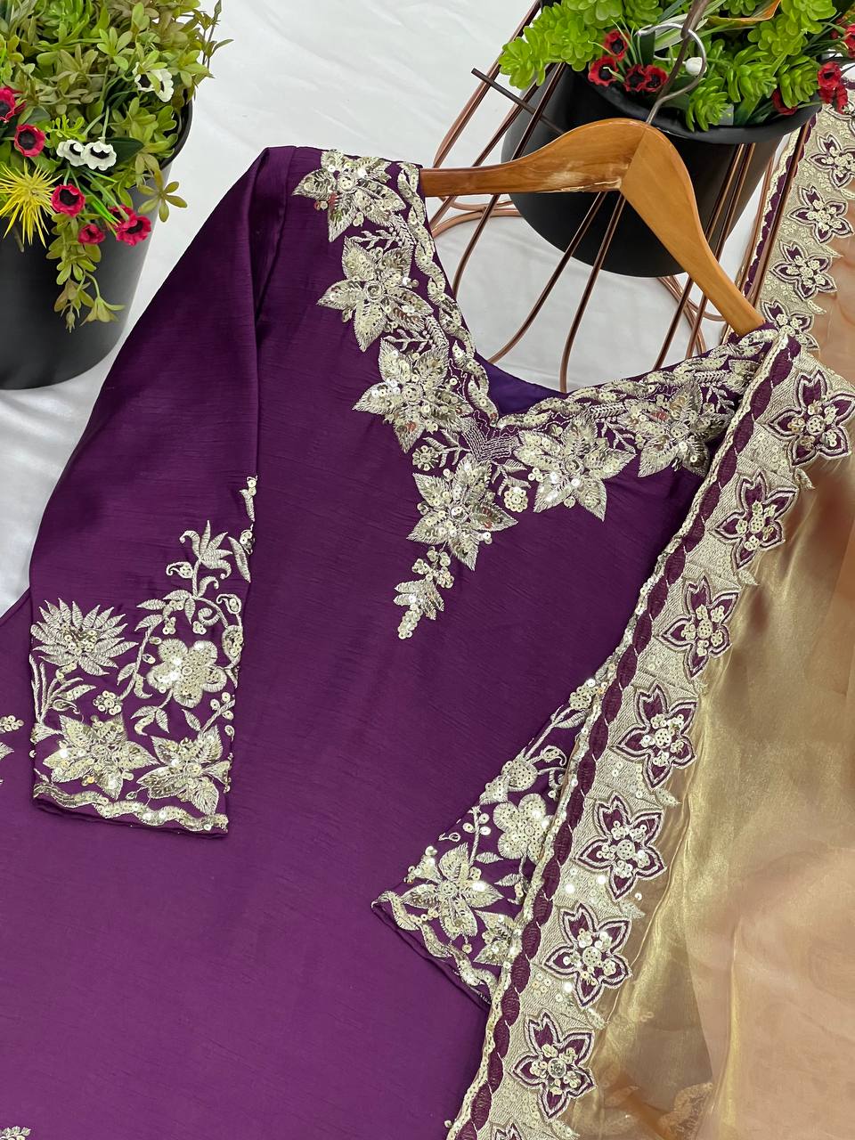 "Elegant Pure Chinnon Silk Ensemble with Heavy Embroidery Sequence Work"