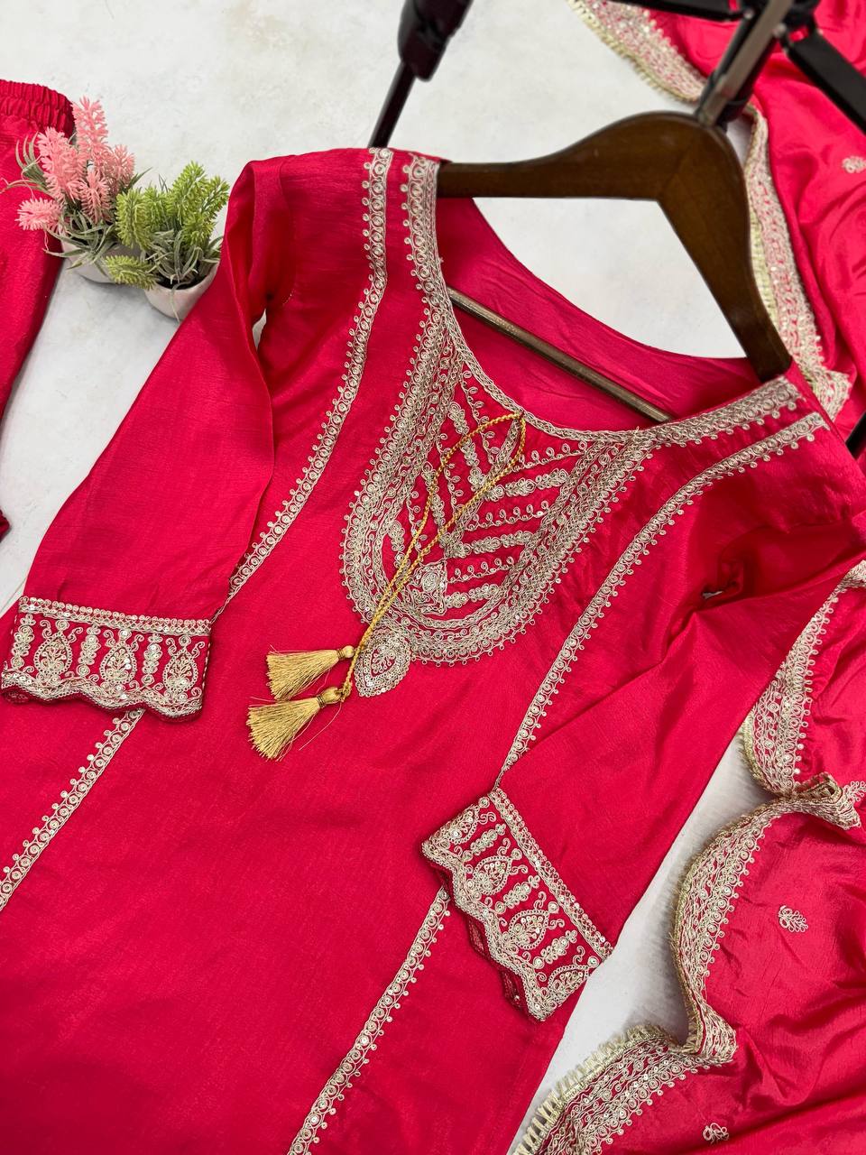 "Elegant Chinnon Embroidered Ensemble with Cording Sequence & Dupatta"