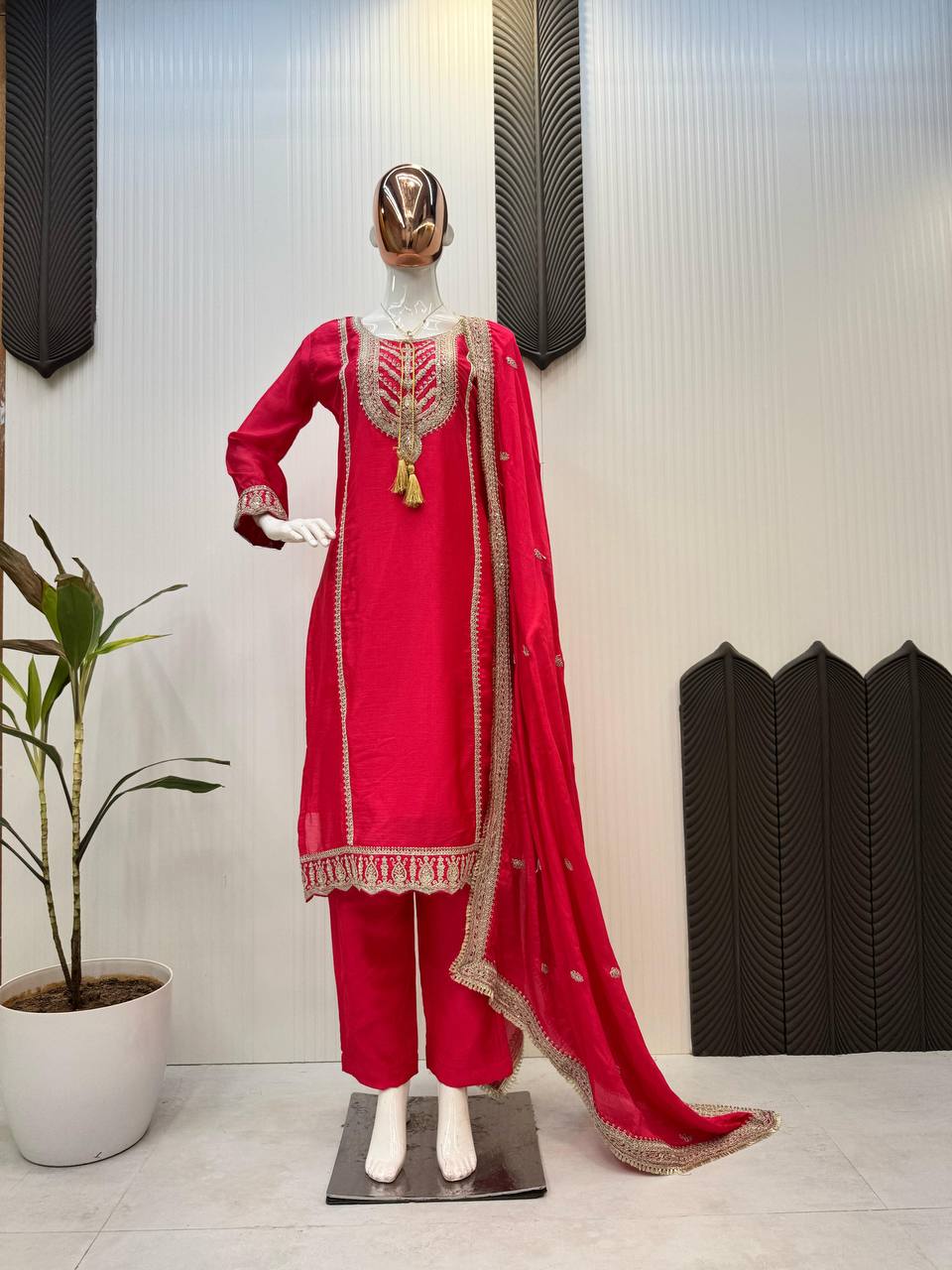 "Elegant Chinnon Embroidered Ensemble with Cording Sequence & Dupatta"