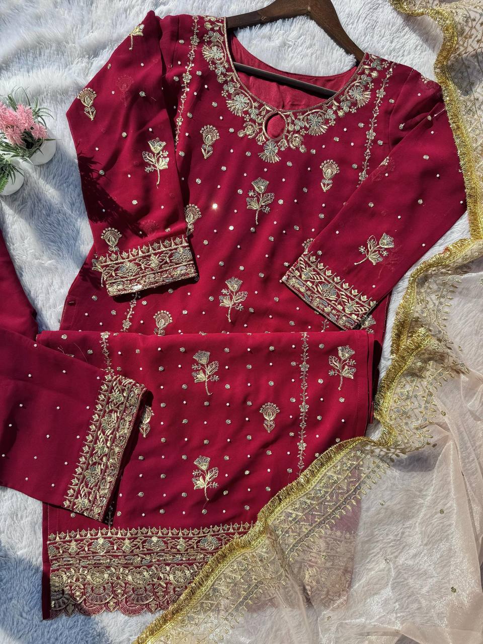 "Luxurious Fox Georgette Sequence & Moti Work Eid Suit with Embellished Dupatta"