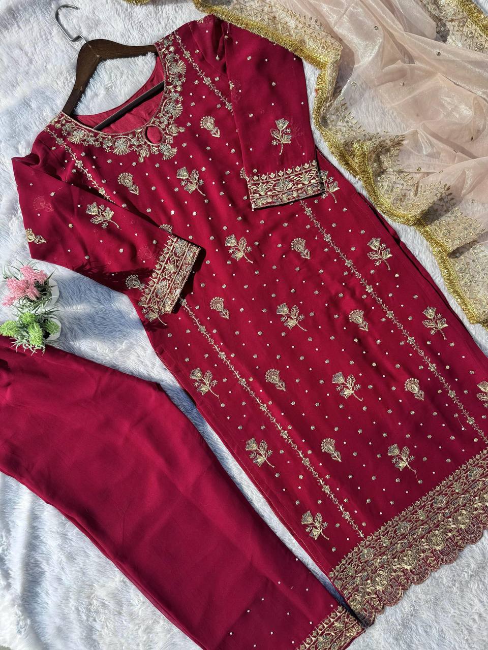 "Luxurious Fox Georgette Sequence & Moti Work Eid Suit with Embellished Dupatta"