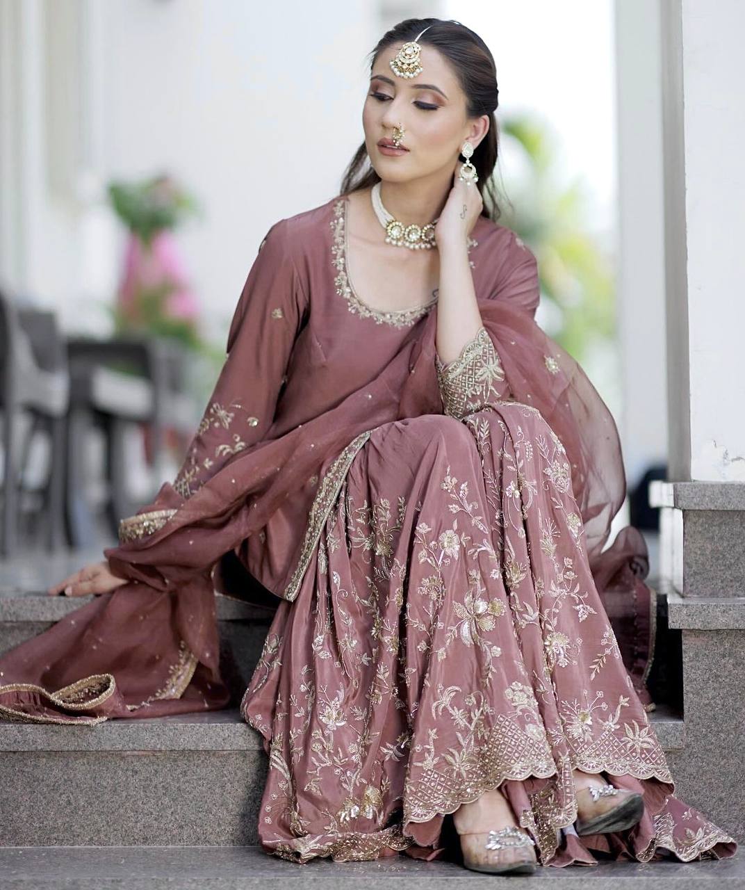 Elegant Pure Cinon Silk Embroidered Top, Sarara, and Dupatta Set