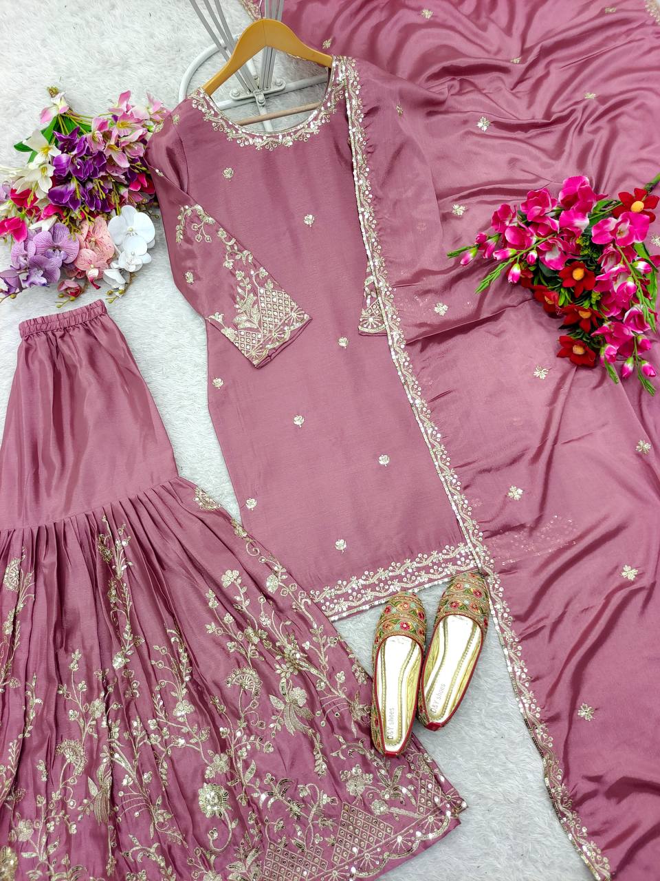 Elegant Pure Cinon Silk Embroidered Top, Sarara, and Dupatta Set