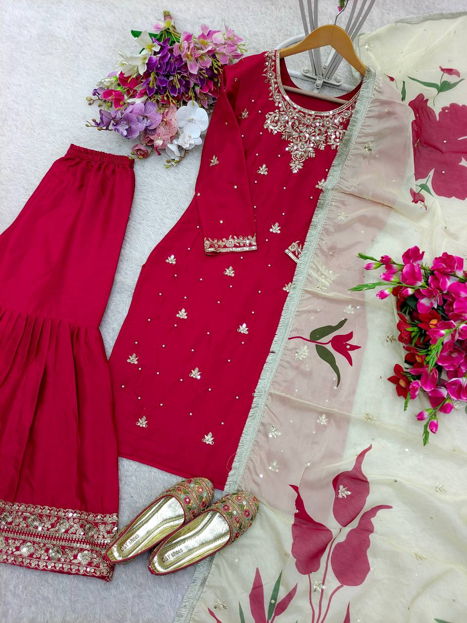 "Elegant Pure Cinon Silk Ensemble with Heavy Embroidery & Moti Work"