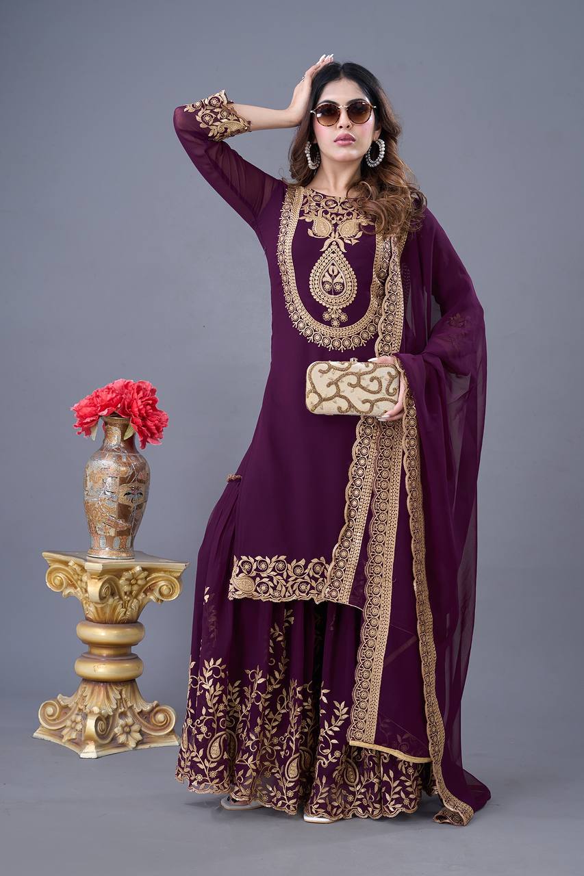 "Elegant Faux Georgette Embroidered Outfit with Plazzo and Dupatta"