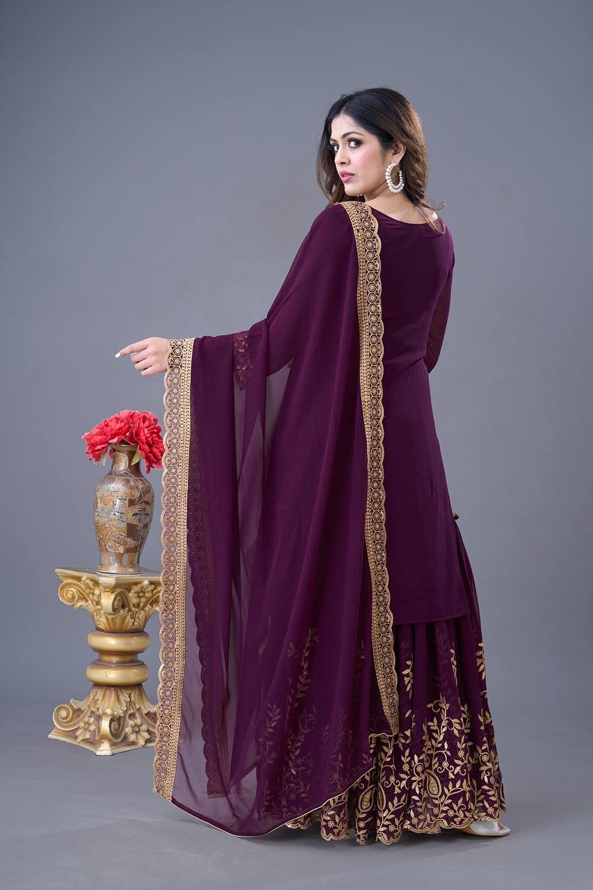 "Elegant Faux Georgette Embroidered Outfit with Plazzo and Dupatta"