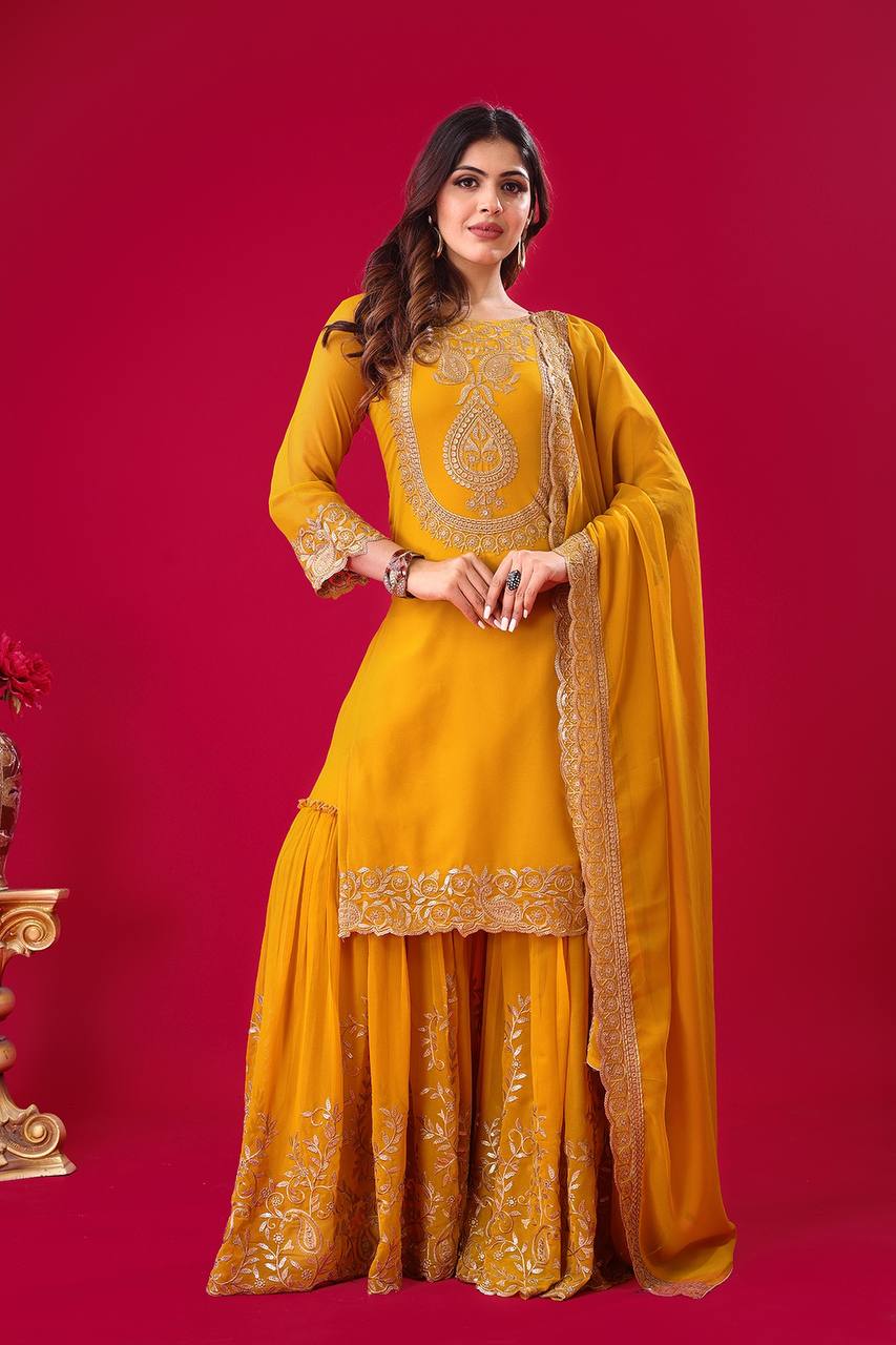 "Elegant Faux Georgette Embroidered Outfit with Plazzo and Dupatta"