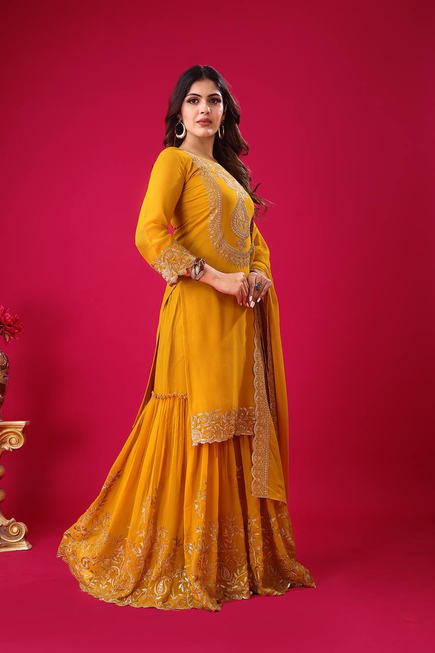 "Elegant Faux Georgette Embroidered Outfit with Plazzo and Dupatta"
