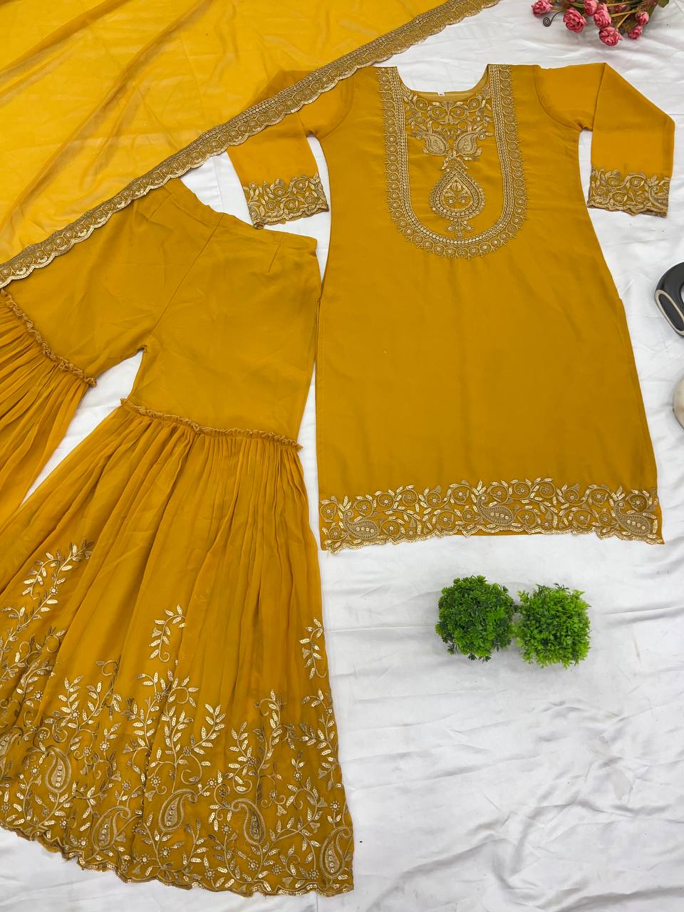 "Elegant Faux Georgette Embroidered Outfit with Plazzo and Dupatta"