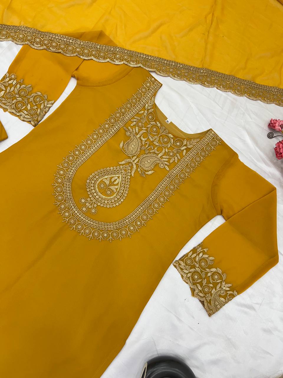 "Elegant Faux Georgette Embroidered Outfit with Plazzo and Dupatta"
