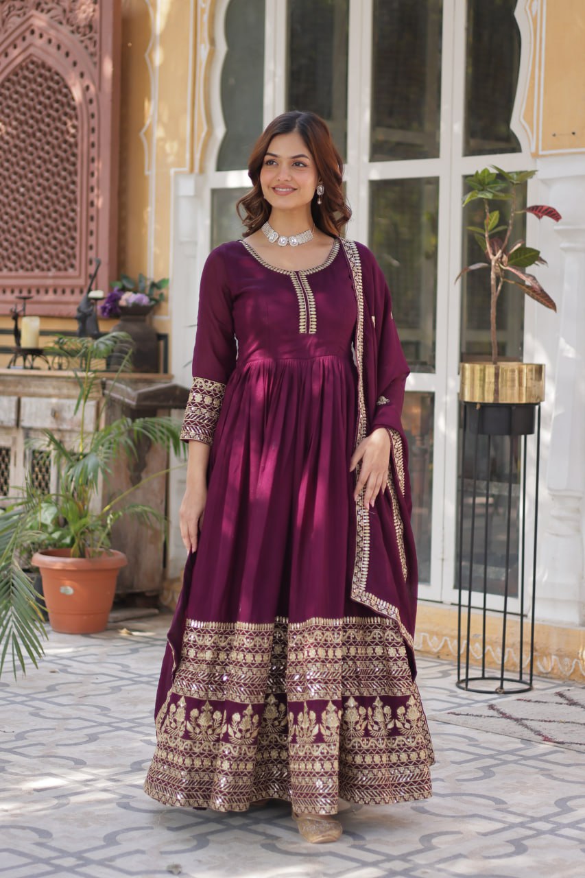 "Elegant Shimmer Vichitra Gown & Dupatta Set with Sequins Embroidery"