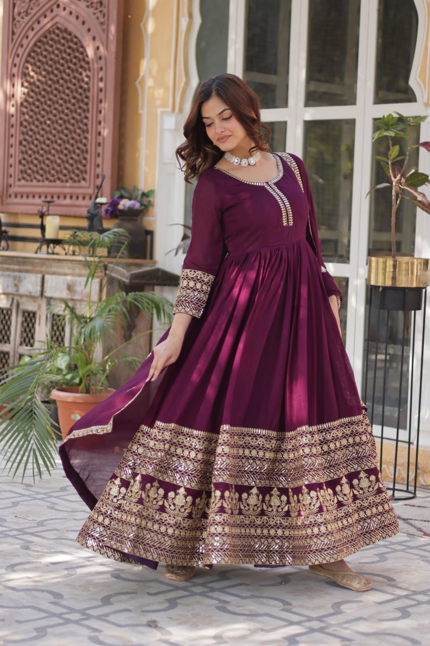 "Elegant Shimmer Vichitra Gown & Dupatta Set with Sequins Embroidery"