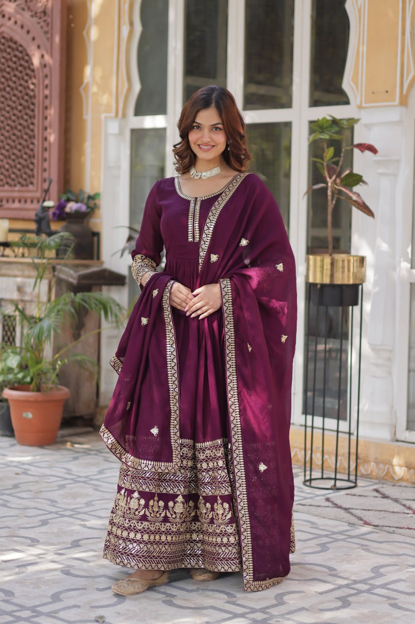 "Elegant Shimmer Vichitra Gown & Dupatta Set with Sequins Embroidery"