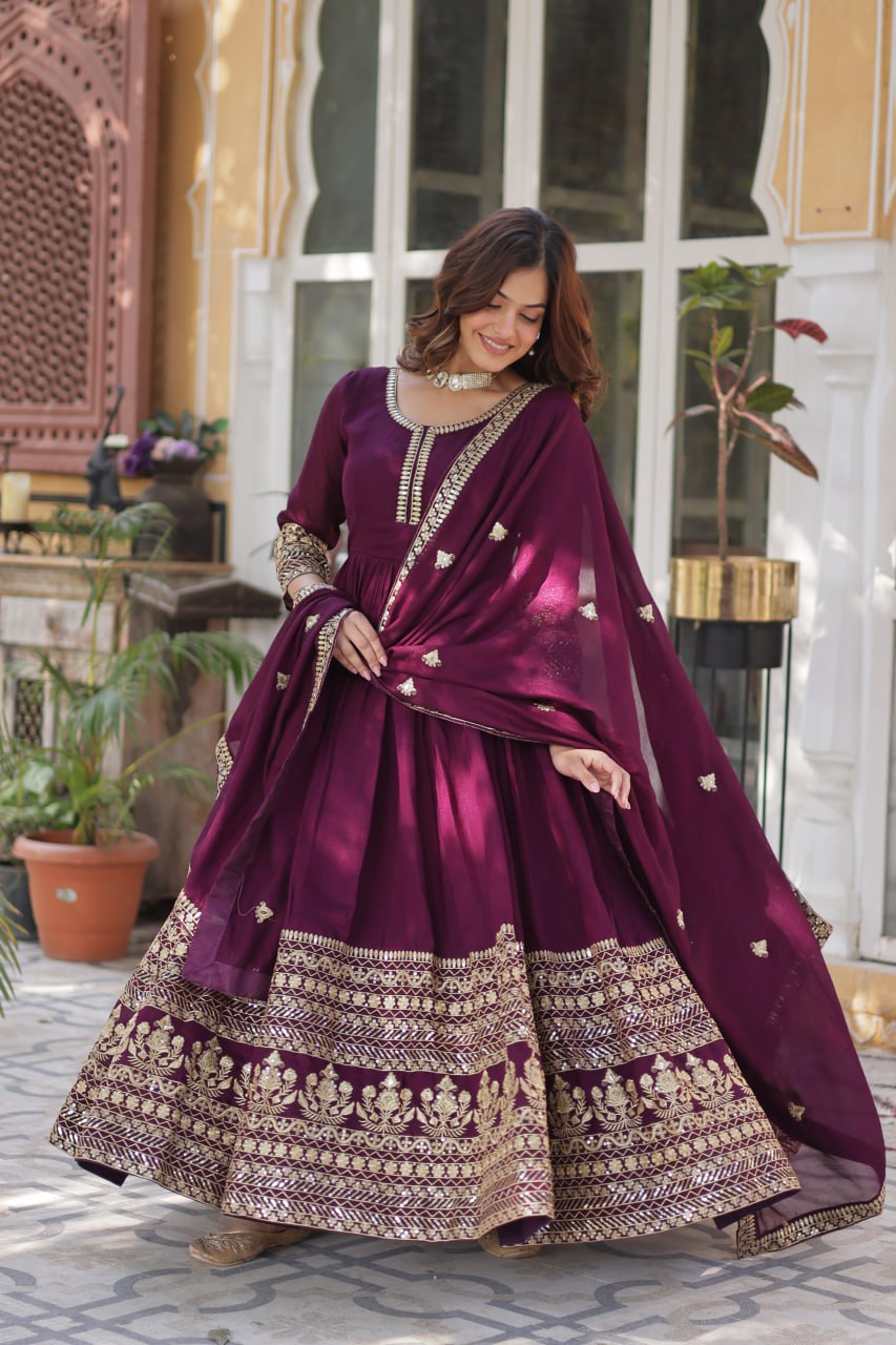 "Elegant Shimmer Vichitra Gown & Dupatta Set with Sequins Embroidery"