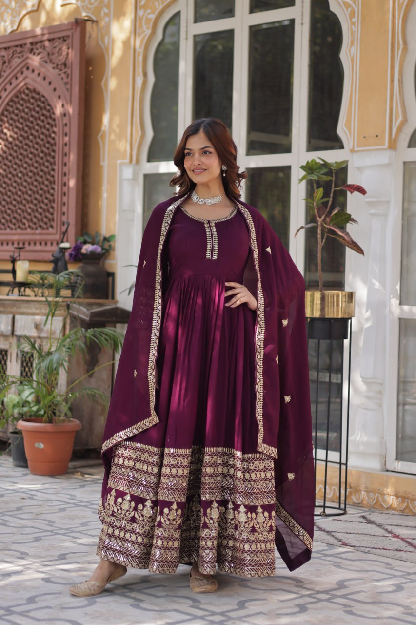 "Elegant Shimmer Vichitra Gown & Dupatta Set with Sequins Embroidery"