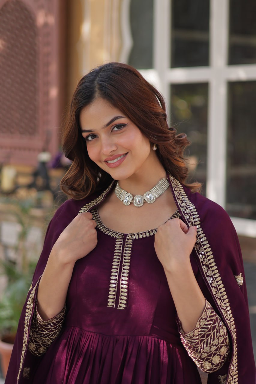 "Elegant Shimmer Vichitra Gown & Dupatta Set with Sequins Embroidery"