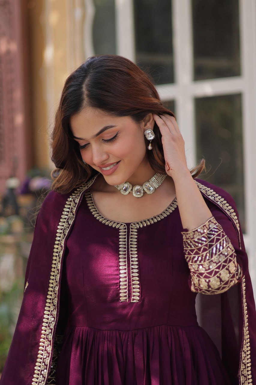 "Elegant Shimmer Vichitra Gown & Dupatta Set with Sequins Embroidery"